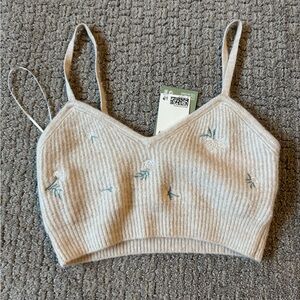 Cream Knit Crop Top with Floral Embroidery